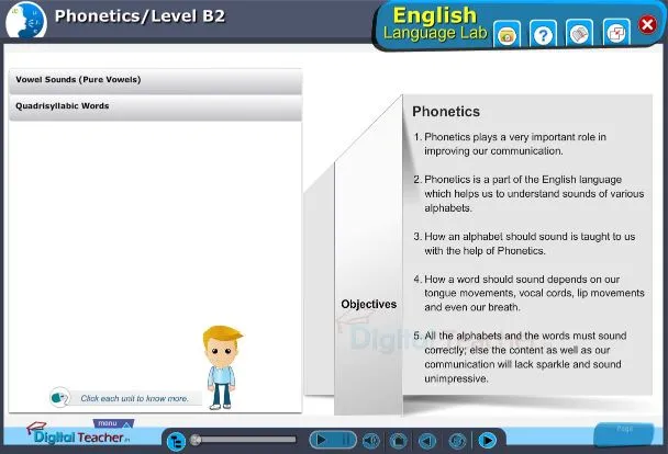 English language lab practical activity on phonetic charts and their vowel sounds and quadrisyllabic words